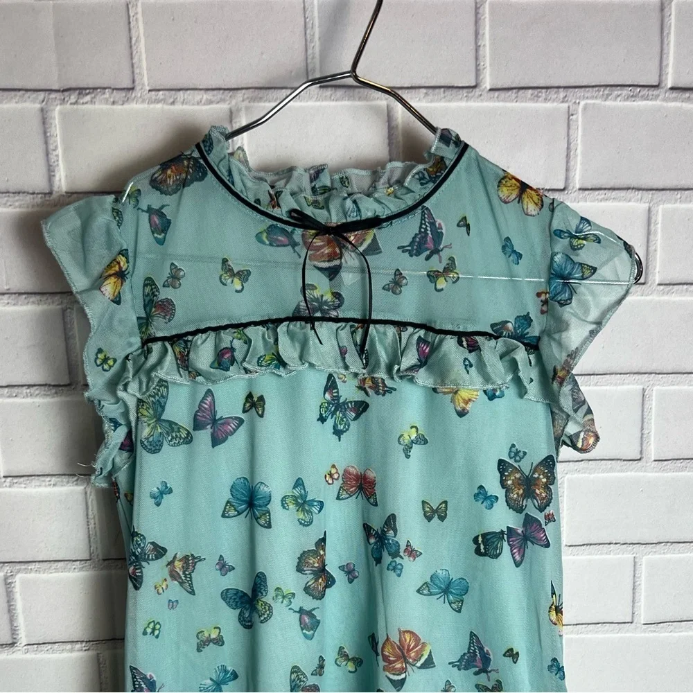 Knitworks Butterfly Print Ruffle girls blouse / green size L(14)